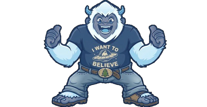 Bob the Yeti — QuoteYeti's mascot, sporting an 'I want to believe' UFO shirt and giving two thumbs up