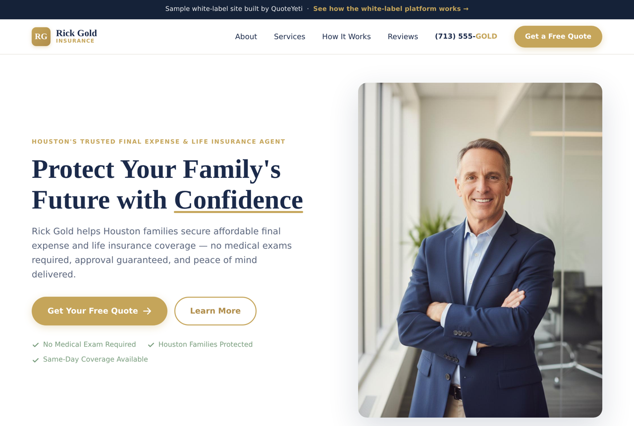 Sample white-label agent site built by QuoteYeti for a Houston insurance agent